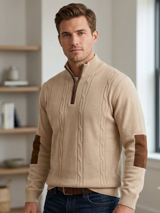 Alex Cannon Other - Alex Cannon Men's Quarter Zip Cable Knit Sweater Beige with Elbow Patches size L